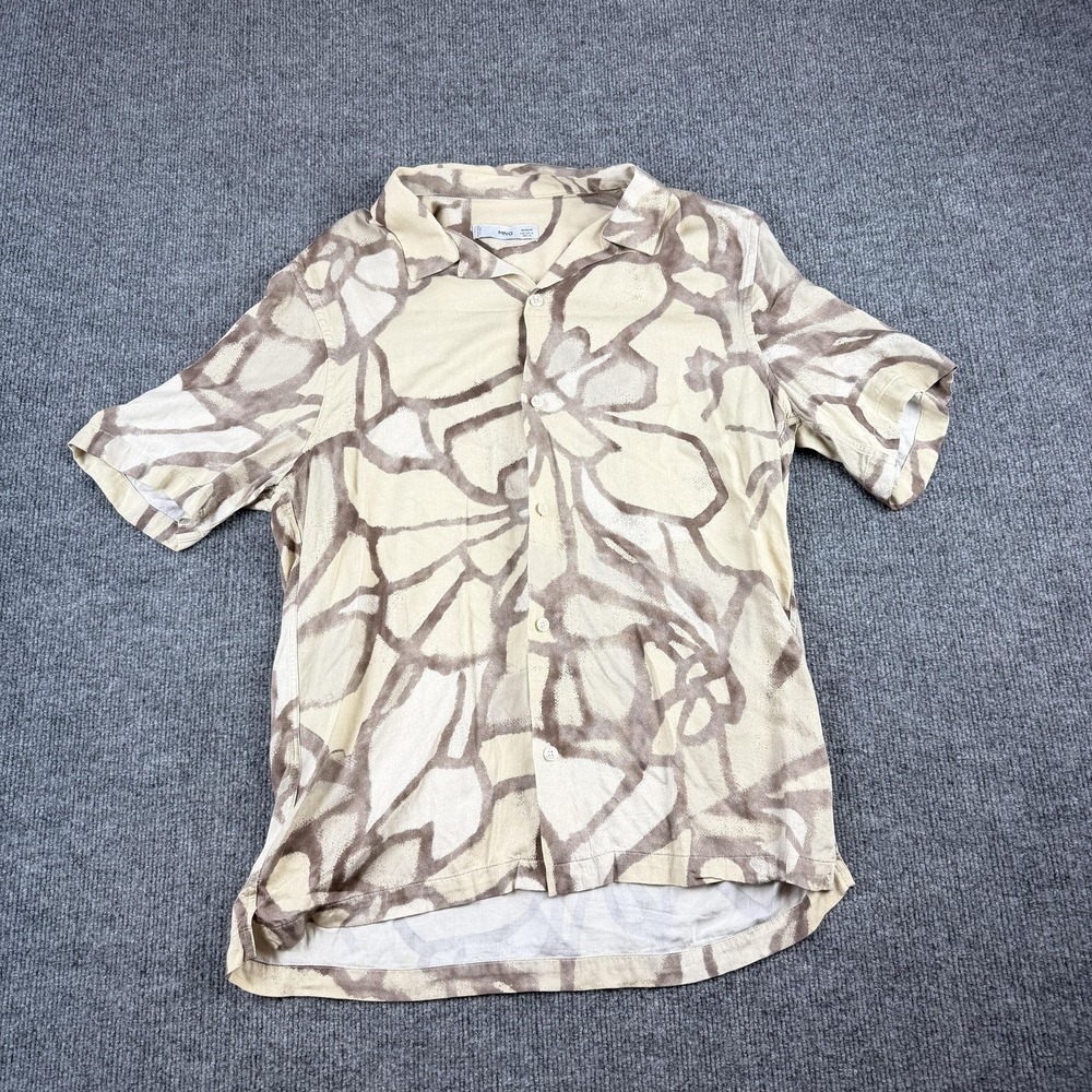 MNG Shirt Mens Medium Beige Floral Print Short Sleeve Button Up Viscose Casual